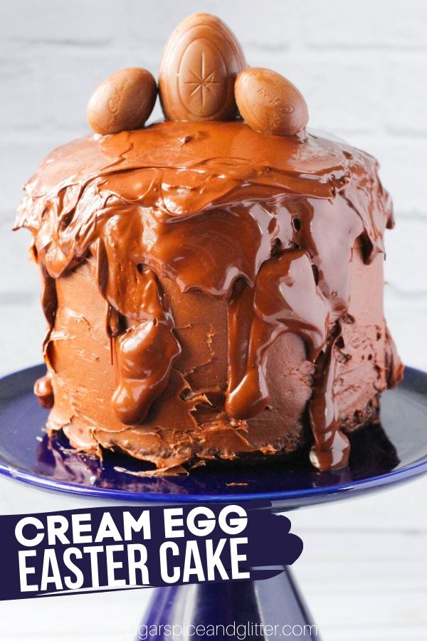 The perfect chocolate cake for Easter - a Cream Egg Cake! This decadent, three-layer cake is so simple the kids can make it!