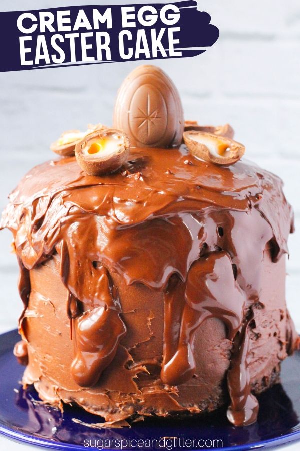 A super simple, step-by-step recipe for a three-layer, triple-chocolate Cadbury Cream Egg Easter cake - so simple, the kids can make it!