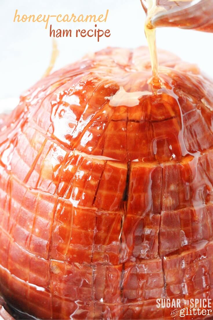 Honey-caramel ham recipe - an amazing Easter ham recipe that will convert anyone to a ham-lover! Would you just look at that gorgeous glaze, how is this recipe going to be anything other than amazing with that being poured on it?