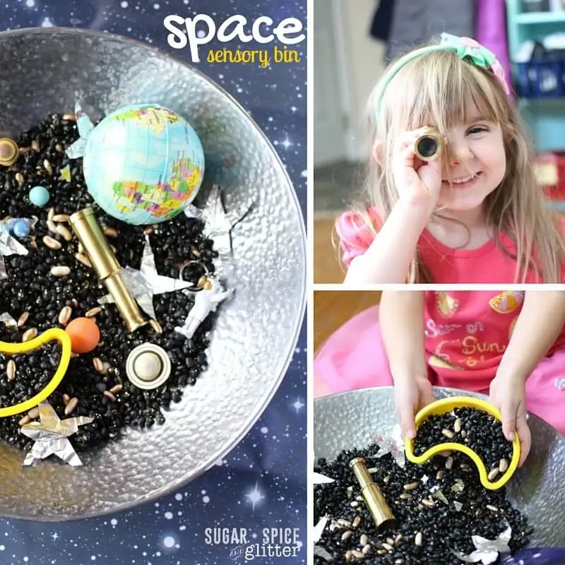 Fun ways to explore this space themed sensory bin - the perfect sensory bin for little astronauts of all ages!