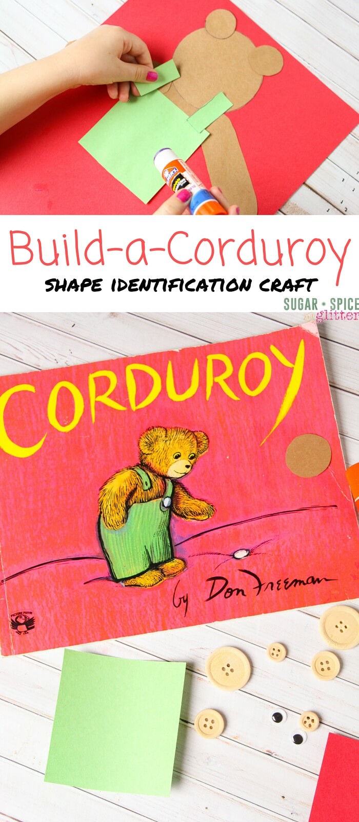 A fun shape identification craft to try after reading Corduroy - this easy book craft for kids is great for mixed age groups or as a busy bag activity.