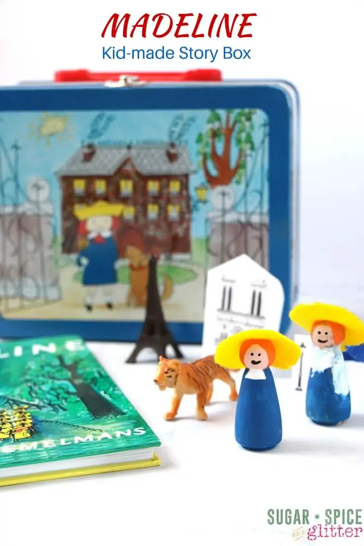 MADELINE Kid-made Story Box with DIY peg dolls inspired by the classic children's book. A fun Madeline book activity and a perfect DIY travel activity or busy bag