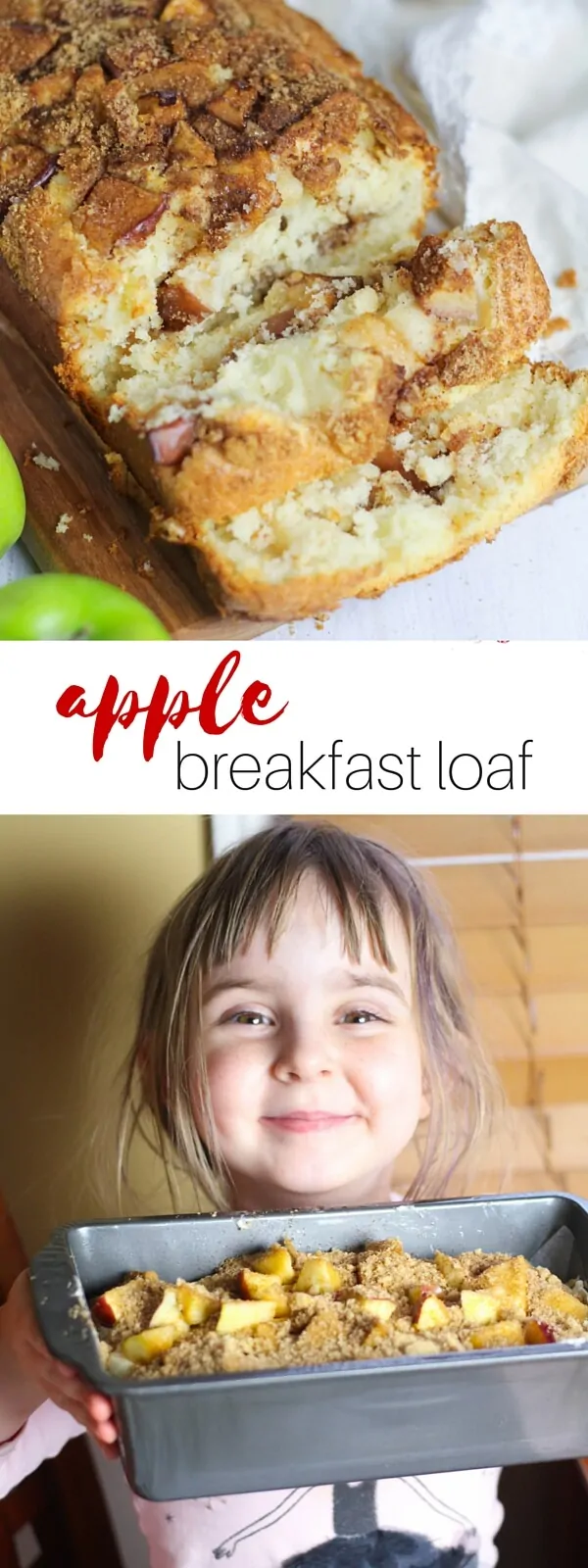 This apple breakfast loaf recipe is the perfect recipe for kids to help with in the kitchen! Tender, cake-like bread with cinnamon-brown sugar and real chunks of apple mixed in - the perfect way to start your day.