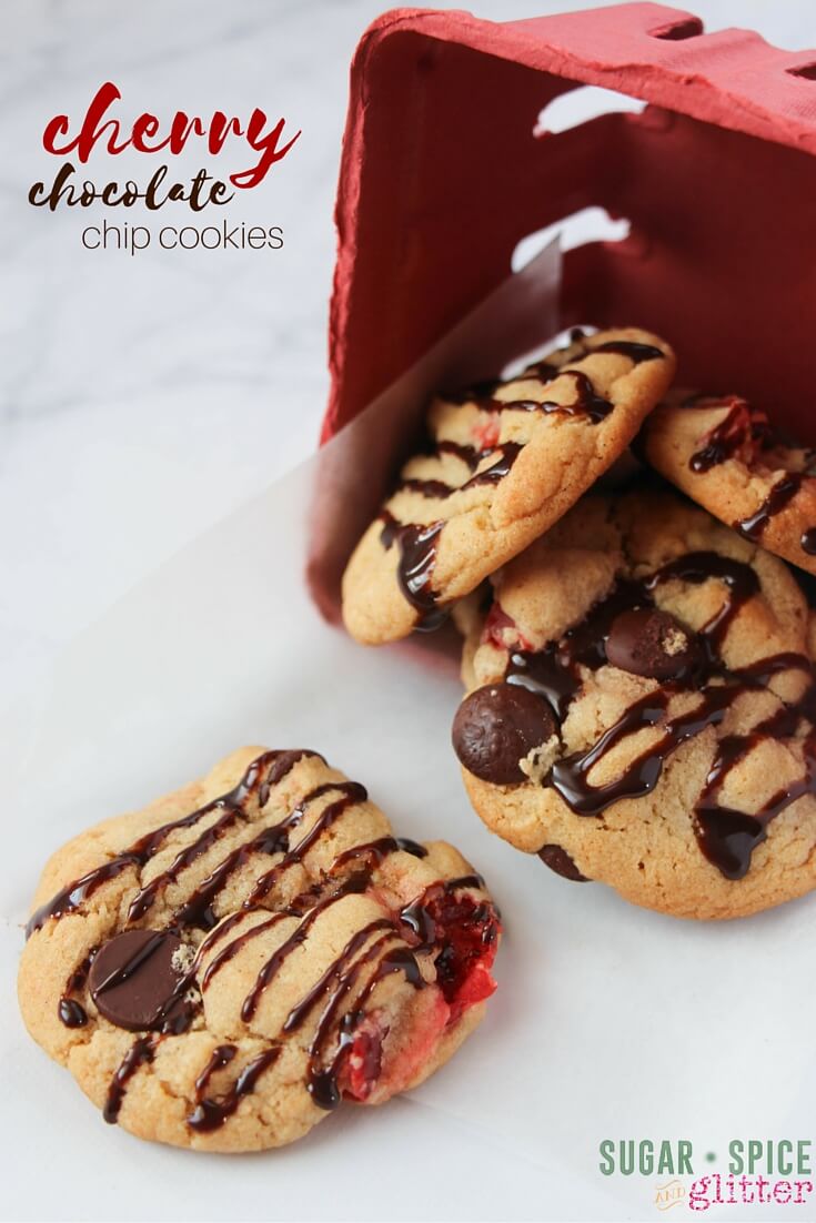 This cherry chocolate chip cookie recipe uses milk chocolate chips, maraschino cherries, and a dark chocolate drizzle for a decadent twist on a classic chocolate chip cookie!