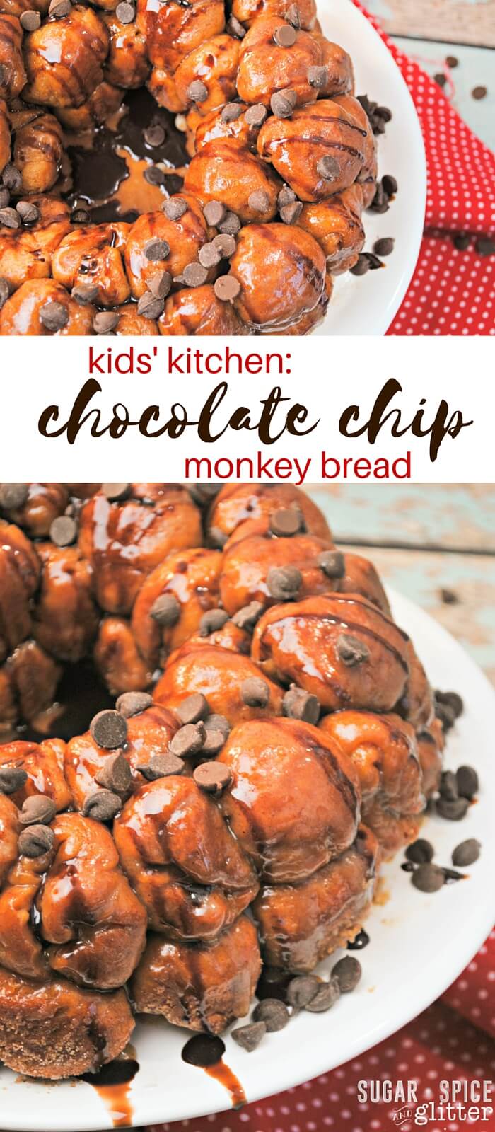 Kids' kitchen is excited to share with you another cooking with kids dessert! Chocolate chip monkey bread is an easy dessert recipe made with simple ingredients. This pull apart bread is perfect for family movie nights or as a quick treat for your next get together. 