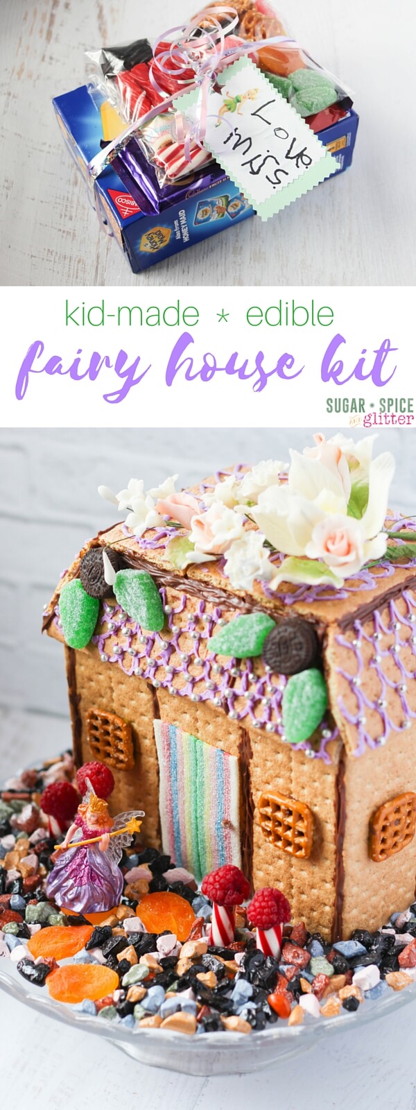How to make an edible fairy house tutorial, complete with a free printable gift tag for a DIY Fairy House Kit. This would be a beautiful centrepiece at a Fairy party and is a great STEAM activity for kids, allowing them to engineer a house with all edible materials