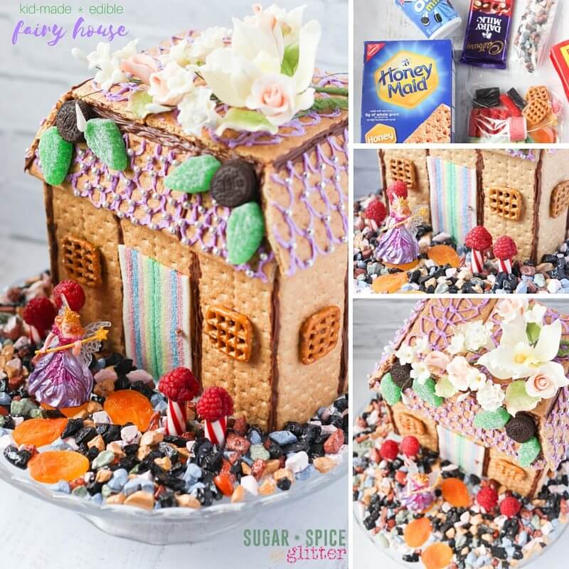  A fun tutorial on how to make an edible fairy house with kids - a great kids' kitchen project mixing engineering & edible crafting. Includes free printable gift tag to make your own DIY fairy house kit