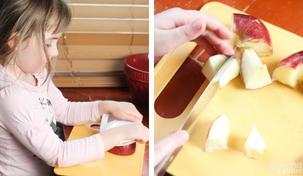 Side-by-side images of a child cutting apples