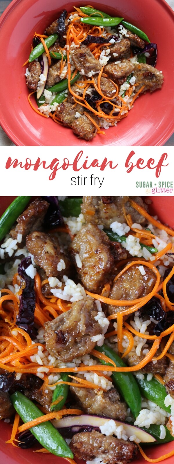 Healthy, family-friendly Mongolian beef stir fry. Crunchy, tender meat, fresh just-barely-cooked vegetables, and a light drizzle of sauce. A versatile recipe that is great for beginners to cooking Asian recipes, this recipe explains how to make the dish more palatable for kids or more spicy for grown-ups.