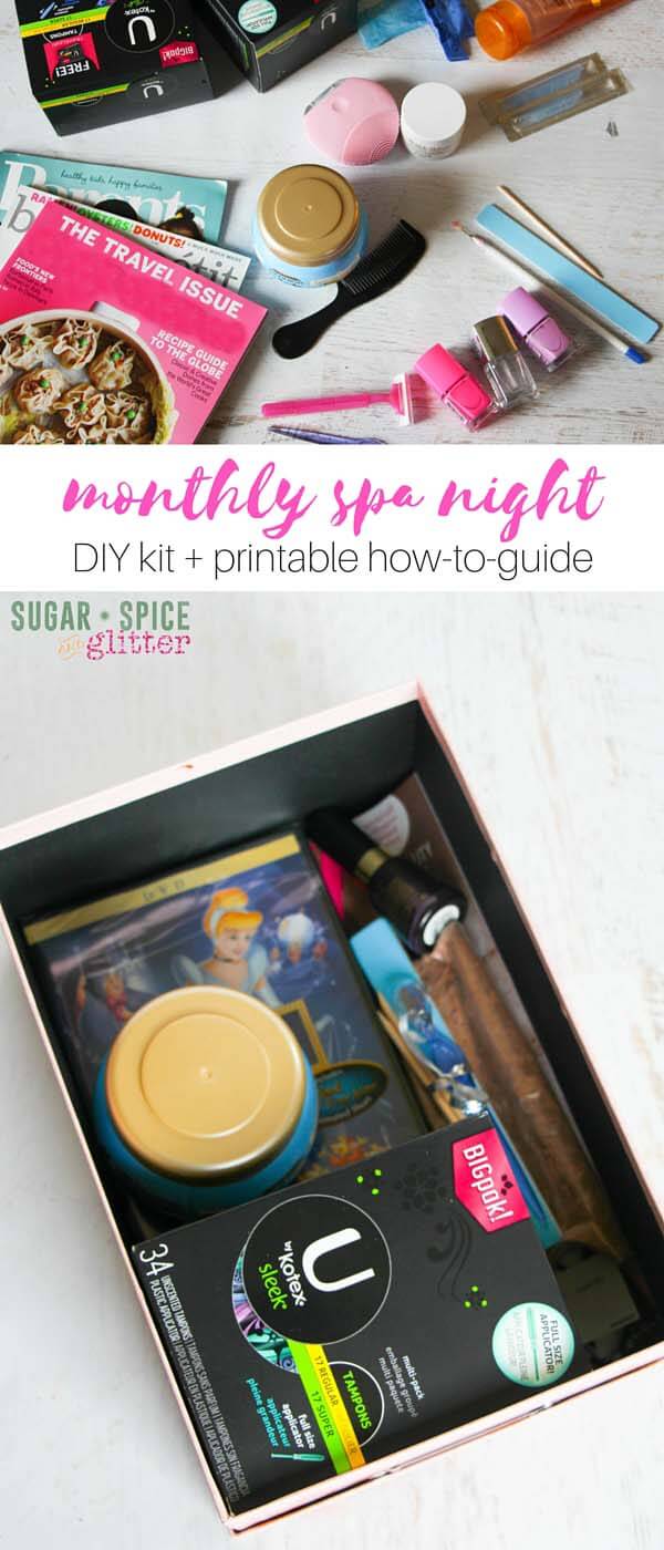 How to make a monthly spa night kit - for a gift or for emergency pampering nights. These are perfect homemade gifts, especially for teens learning how to deal with their monthly guest. #WhatMatterstoU ad
