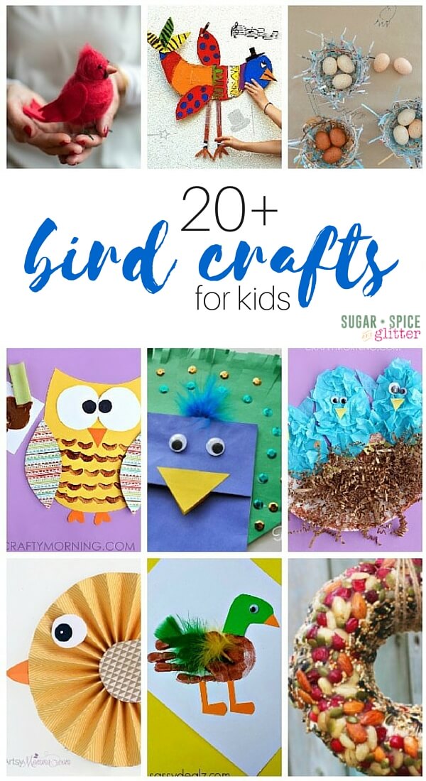 A fun collection of 20+ bird crafts for kids - including some bird process art activities.