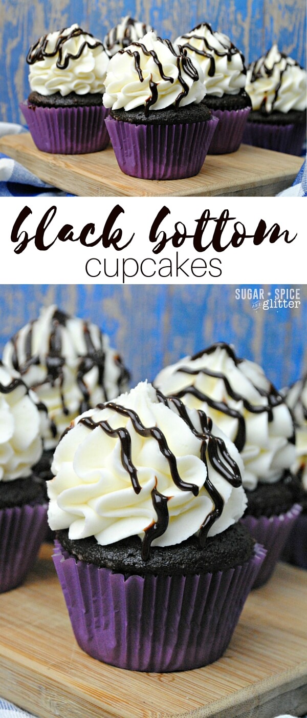 Yum! These black bottom cupcakes sound funny but they are actually silky chocolate cupcakes filled with a cheater vanilla cheesecake and topped with cream cheese frosting and fudge drizzle. What a decadent chocolate dessert recipe!