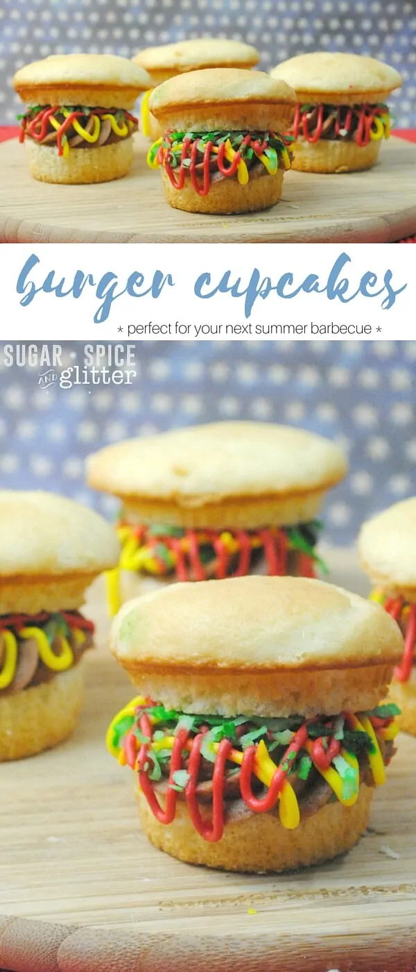 A fun & delicious recipe for burger cupcakes - with a chocolate buttercream "patty," vanilla buttercream "ketchup & mustard," and green coconut "lettuce." This is an awesome summer dessert for your next backyard barbecue or summer party.