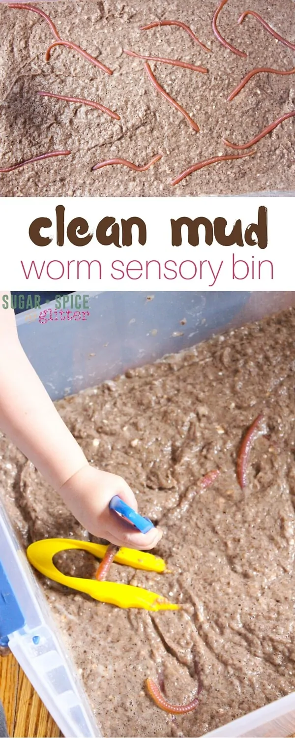 This clean mud worm sensory bin looks like real mud but it's just soap, water, toilet paper, and chocolate crumbs. A great sensory play idea for kids that also develops fine motor skills
