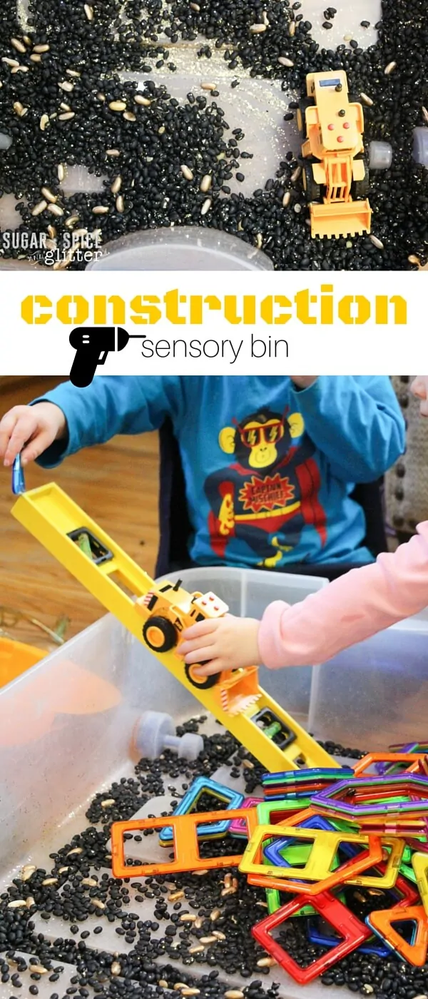 This construction sensory bin is such a fun way to keep little builders entertained! A mixed-ages sensory bin perfect for rainy days, you can build so many STEAM challenges into this bin
