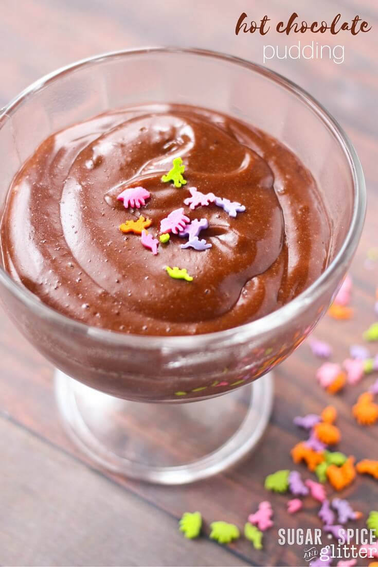 A delicious twist on homemade pudding, this hot chocolate pudding uses 3 ingredients out of hot chocolate powder! Inspired by Mo Willem's Goldilocks & the 3 Dinosaurs children's book, this is an easy kids' kitchen recipe