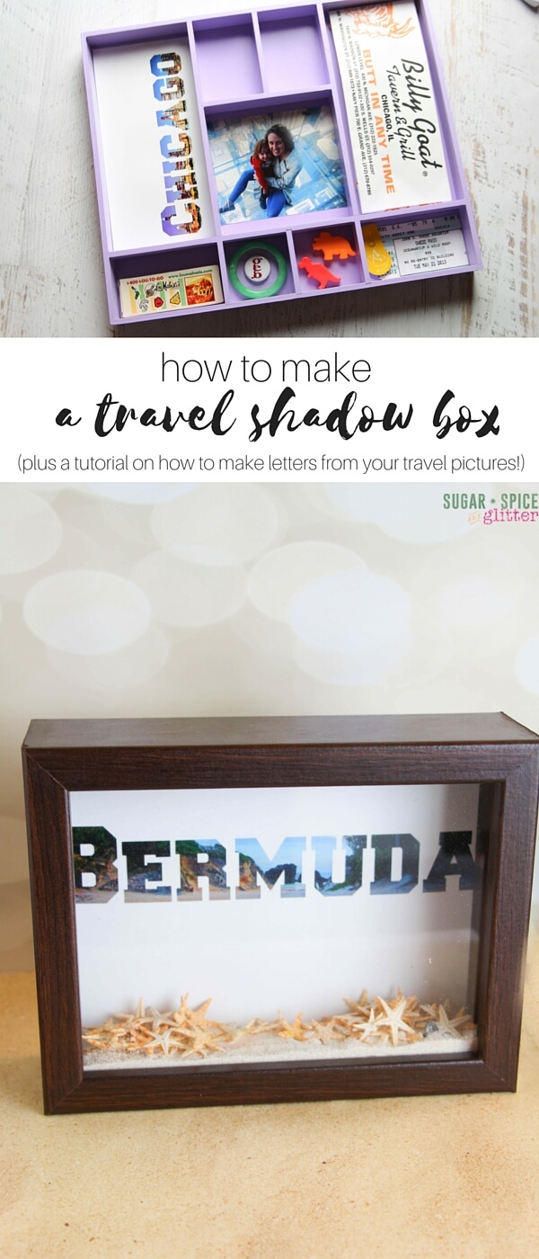 Easy & practical tips to make your own DIY Shadow boxes, including a tutorial on how to turn a favourite travel picture into a picture-word! Gather your favorite momentos and souvenirs - from travel, special milestones, etc- and transform them into a beautiful homemade shadow box. #SpringCreations ad
