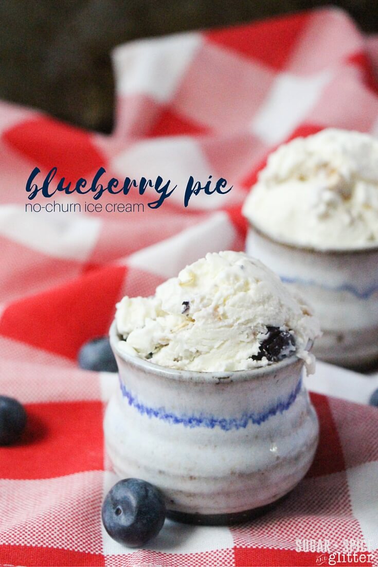 No-churn blueberry pie ice cream - better than making blueberry pie and serving it a la mode, just make some homemade ice cream in less than 10 minutes and you can get the pie and the creamy vanilla ice cream in one scoop! The perfect summer ice cream