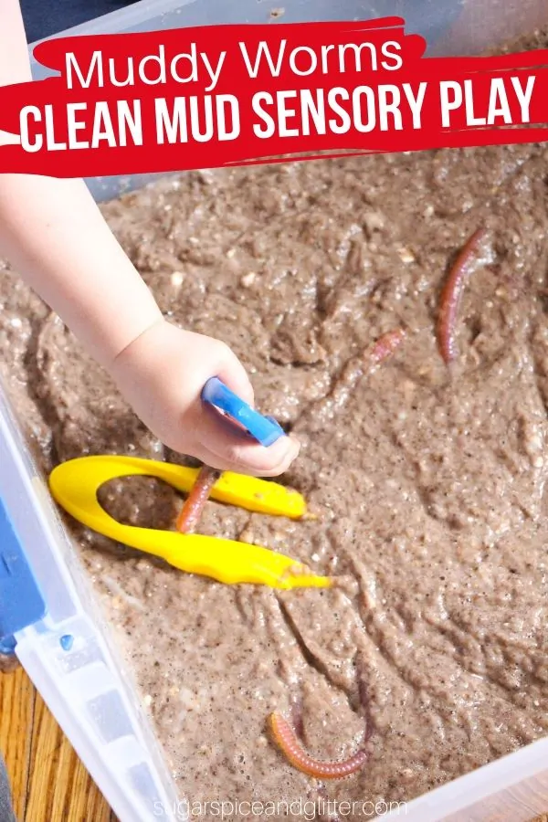 This squishy sensory bin has all of the fun of digging in mud for worms, without the germs! You only need two common household materials to make this CLEAN MUD sensory bin which will give you hours of brain-building sensory play