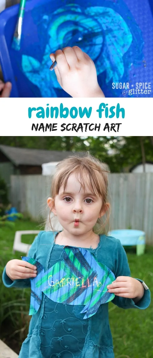 A fun Rainbow Fish craft to try after reading this book, make some DIY Scratch Art in the shape of a fish to encourage your child to practice writing their name!