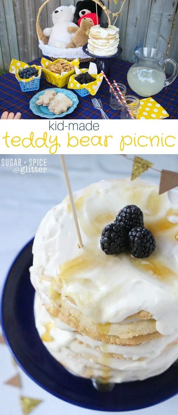 A quick and easy teddy bear picnic that kids can help prepare. A simple honey layer cake is the center of this bear-rific table scape full of mostly healthy party foods.