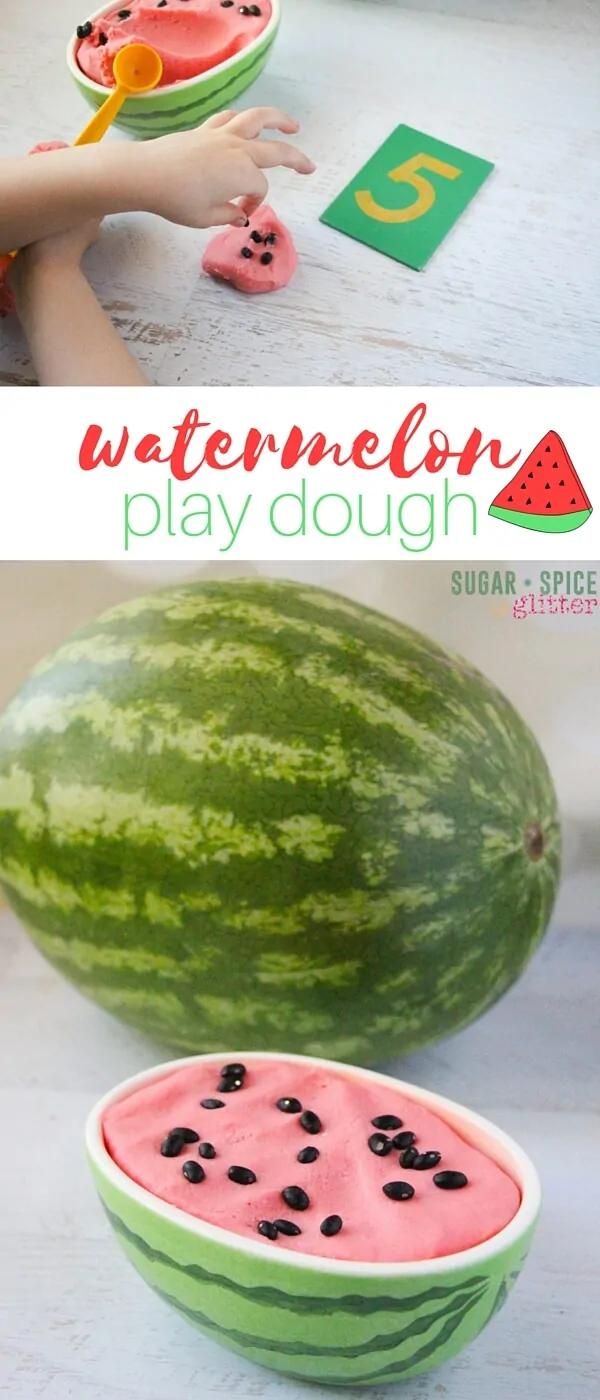 A fun summer sensory activity, this watermelon play dough math set-up is super simple and kids can play with the play dough in so many different ways. This is a great way to refresh math skills over the summer or help prepare kids for kindergarten