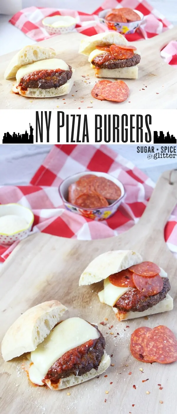 NY Pizza burgers - never choose between pizza or burgers again! A delicious homemade burger patty topped with pizza sauce, mozzarella cheese, and whatever pizza toppings you desire!