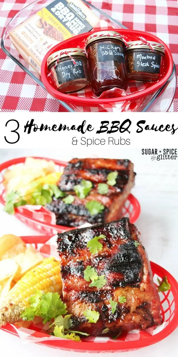 These 3 delicious homemade bbq sauces and spice rubs (Apple Cider BBQ Sauce, Smoky Hickory BBQ Sauce, homemade Montreal Steak Spice) make for a delicious BBQ and an awesome host gift for your next BBQ or housewarming party!