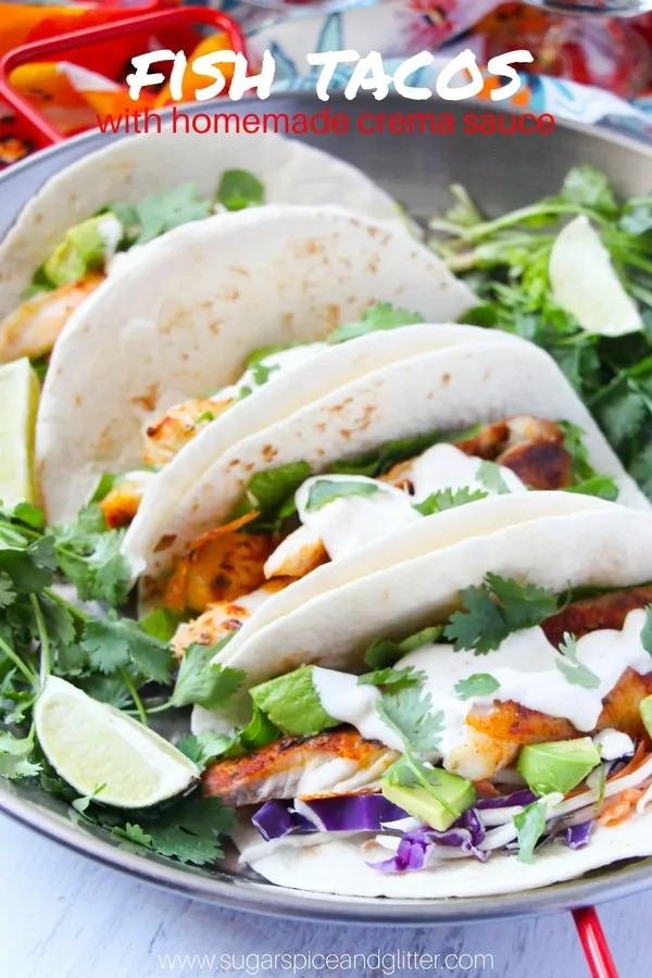 Spicy Fish Tacos Recipe - a delicious non-breaded fish taco recipe with homemade crema sauce