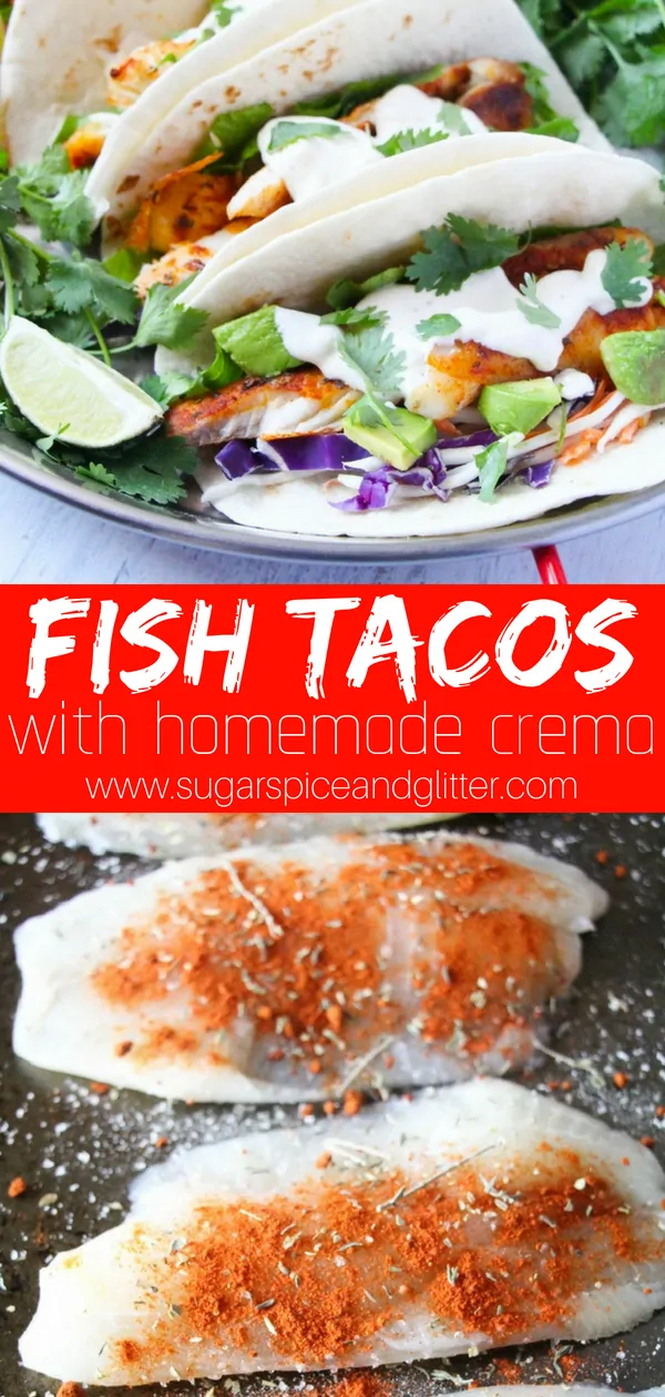 Fish Tacos with homemade crema - adjust the level of spice to your personal preference. These grilled or baked fish tacos are perfect for Taco Tuesday