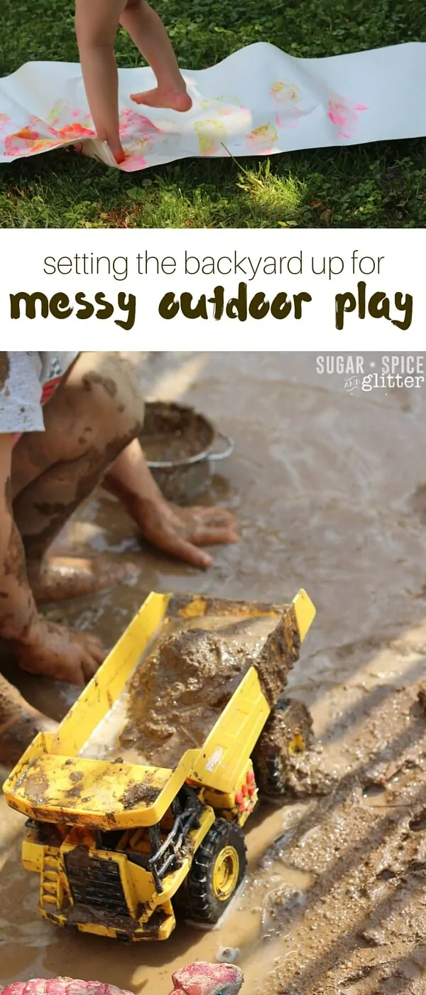 Inspiring ideas for bringing messy play outdoors for an enriched sensory experience - and to make clean up easier. Child-sized fairy gardens, outdoor art experiences, mud pits and more - get inspired and set your backyard up for messy memory-making