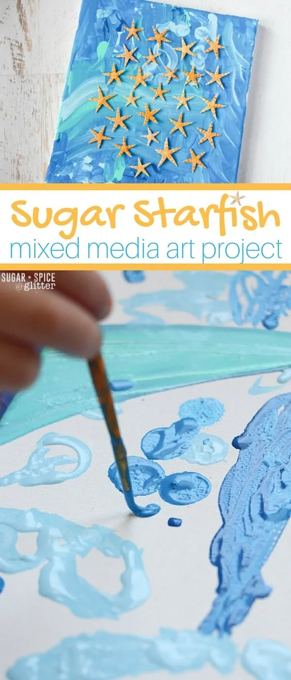 Starfish Ocean Art Idea - a mixed media art project for kids. This beautiful beach wall art is great for families who love the beach, or for children who are studying the ocean.