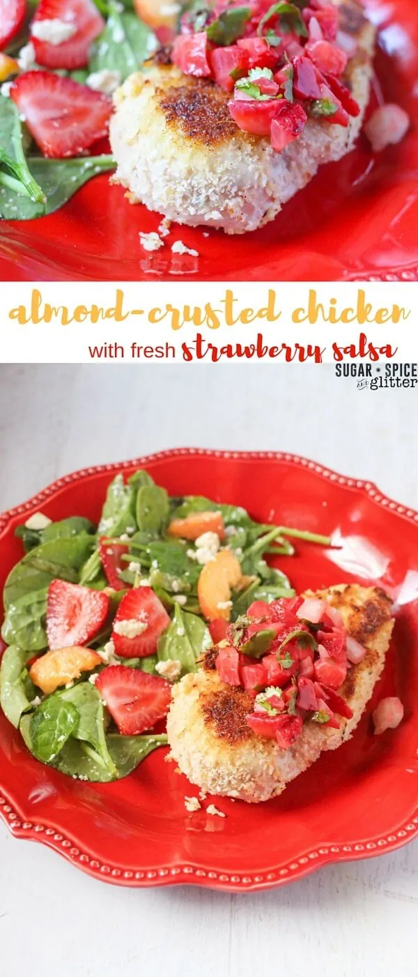 Almond-crusted chicken with fresh strawberry salsa - a healthy crispy chicken recipe with a fresh fruit salsa