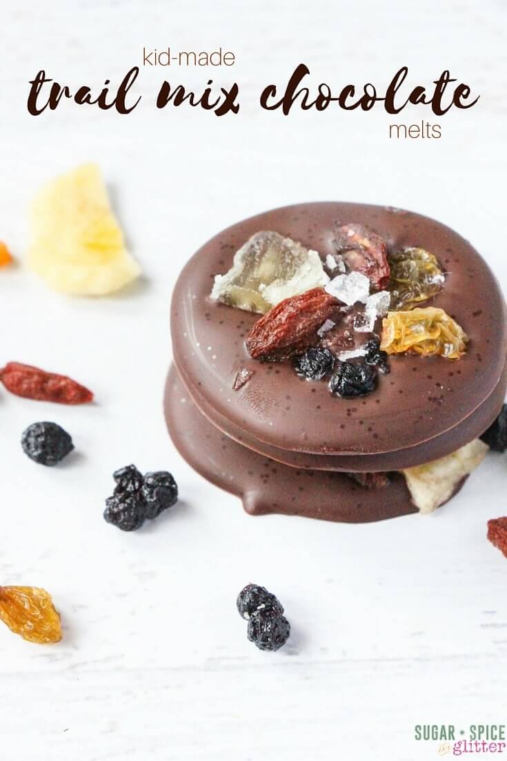 These kid-made trail mix chocolate melts are a quick dessert the kids can help make while you're preparing supper, and they will be ready by dessert! Add a bit of salt to the grown up chocolate melts for an amazing sweet-salty flavor