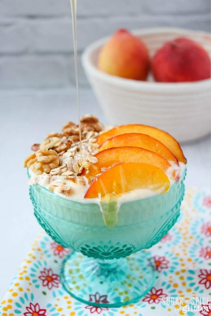 I'm all about easy, healthy breakfasts that feel a little bit indulgent, and this peach pie smoothie bowl fits the bill completely! A fresh take on peach pie that you can easily enjoy as a fun breakfast or healthy dessert with just a couple minutes of prep time.
