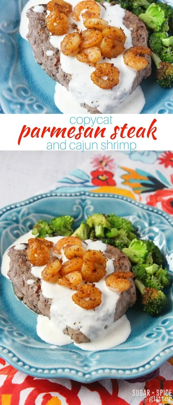 A delicious and indulgent meal for a special occasion (or just because!), this parmesan steak and shrimp recipe is a delicious contrast of cajun-style shrimp, creamy Parmesan sauce and perfectly cooked steak. Based on the classic Applebee's recipe