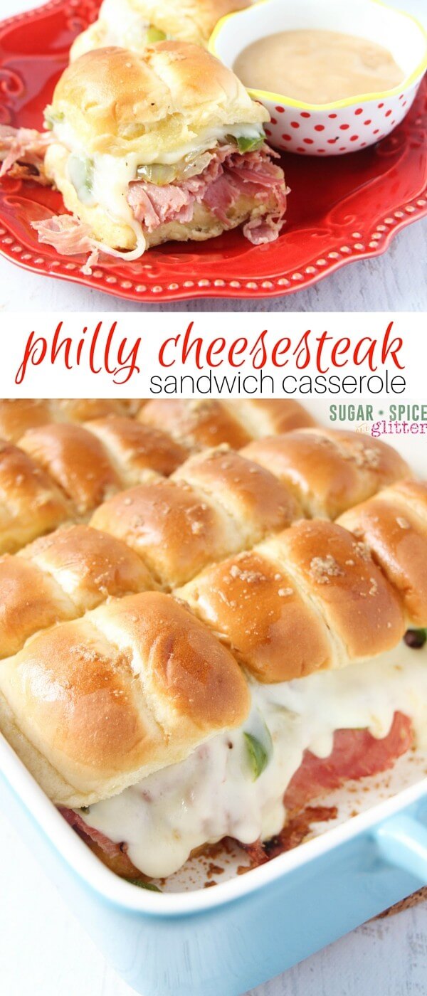 An easy weeknight supper, this Philly cheesesteak sandwich casserole has melted cheese, sauteed veggies and a cheater au jus sauce - and takes less than 10 minutes to throw together. It's also perfect for a potluck recipe or BBQ appetizer