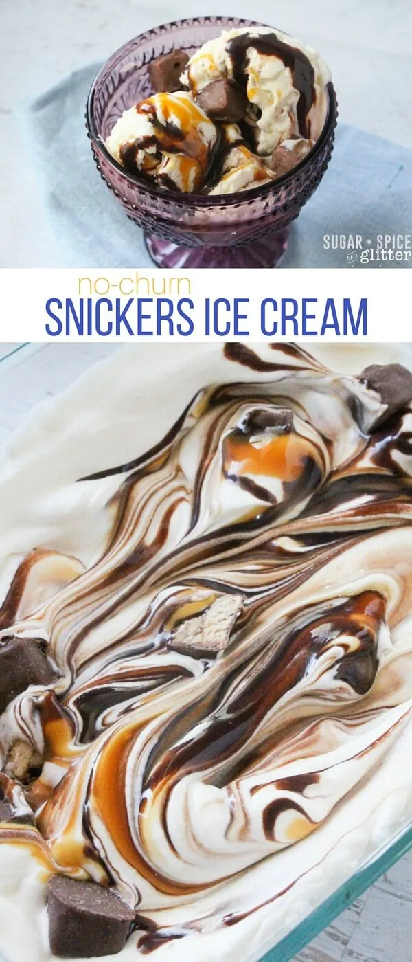 Homemade no-churn Snickers Ice Cream recipe with deep ripples of chocolate and caramel with little bite-sized Snickers folded into the ice cream. Takes less than 10 minutes to make, and is ready to eat in 2 hours