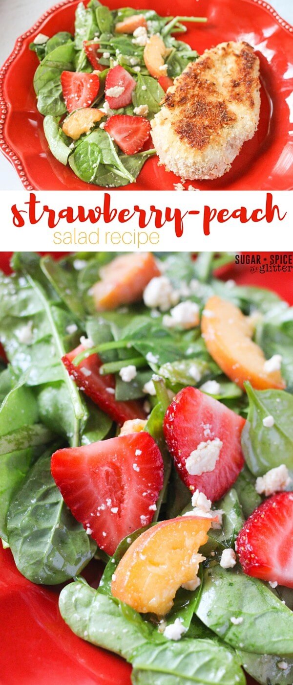 A fresh strawberry-peach salad with white balsamic and feta cheese, for something fresh and sweet but a little unexpected. The perfect summer salad recipe