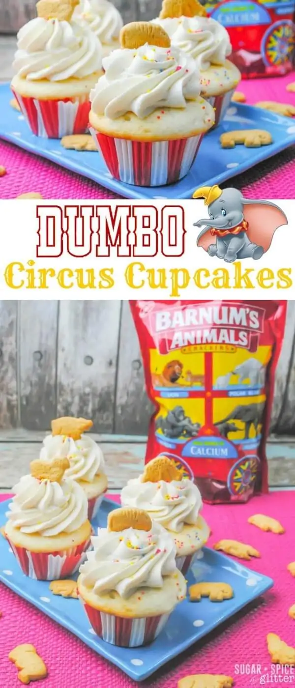 These Dumbo Circus Cupcakes would be such a cute addition to a Disney party or family movie night. A fun twist on a DisneyWorld dessert, and a great use for leftover Animal Crackers