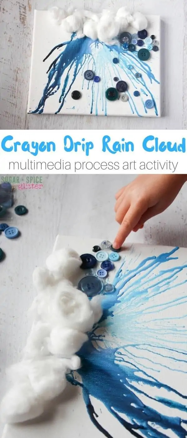 This crayon drip rain cloud "painting" is an awesome process art project for kids on a rainy day. This post discusses why process art is great for kids and tips for successfully creating this project, or one similar to it!