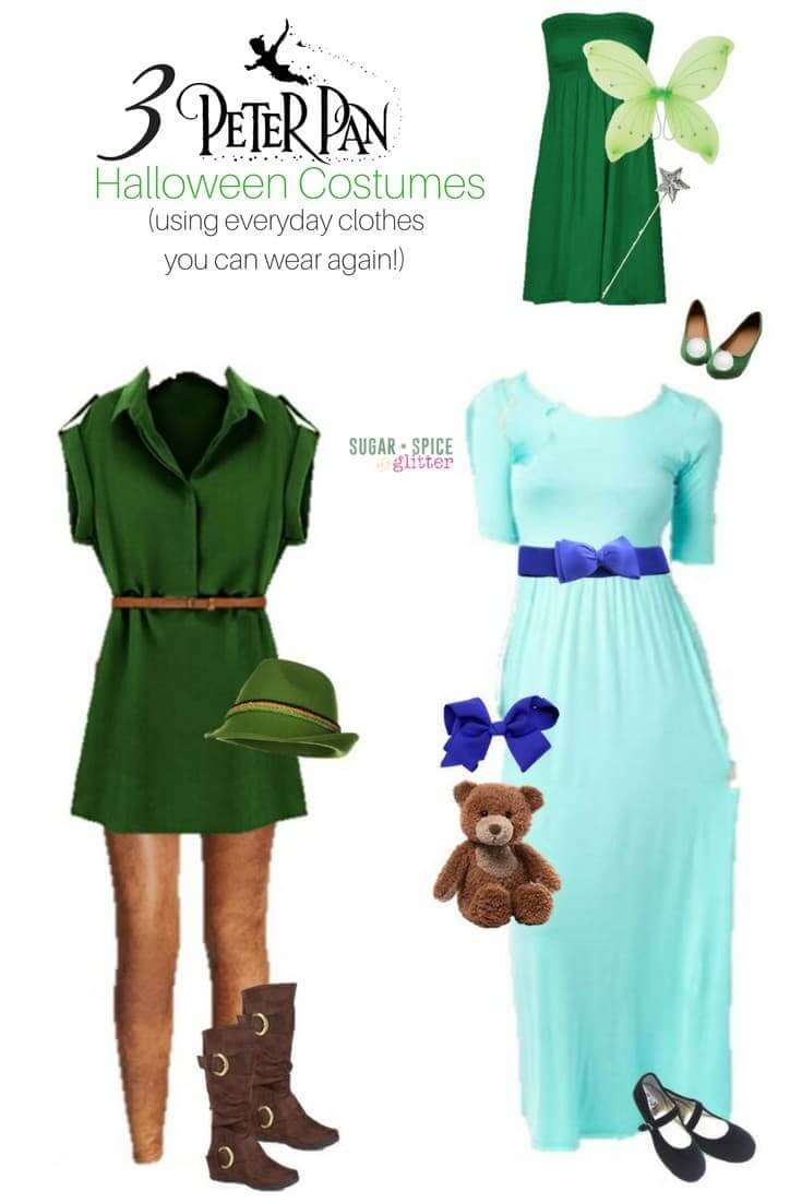 Peter Pan Costumes for Women using everyday clothes - a Peter Pan Wardrobe board with outfits for Tinkerbell and Wendy, too!