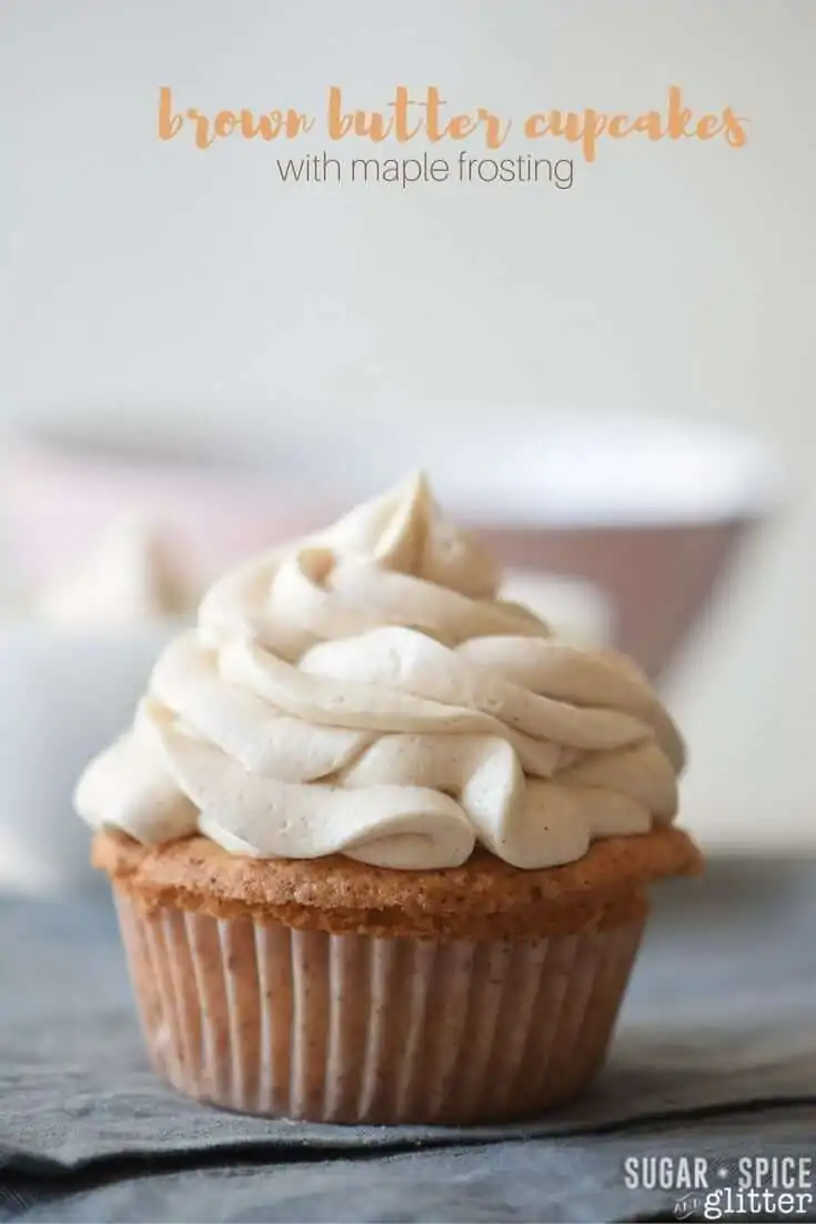 Brown butter cupcake recipe with maple frosting, a sophisticated take on the classic vanilla cupcake that your guests will love