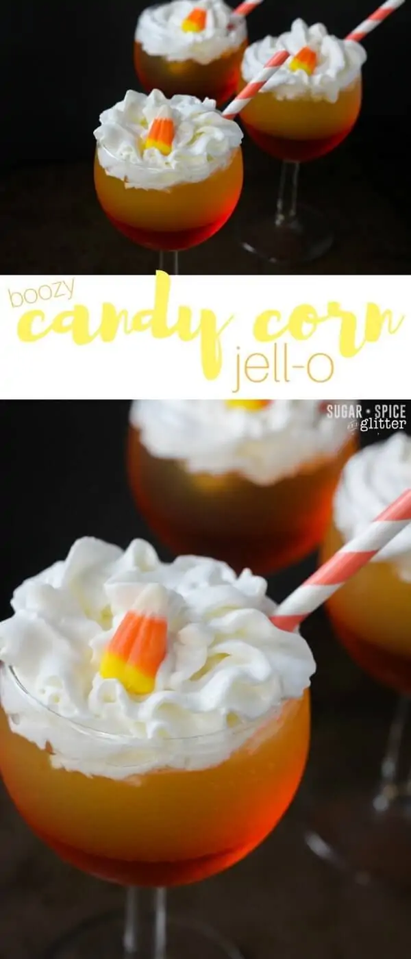 Boozy Candy Corn Jell-O parfaits for grown-ups, inspired by a simple Jell-O shot, these cute layered Jell-O cocktails are the perfect fun fall cocktail