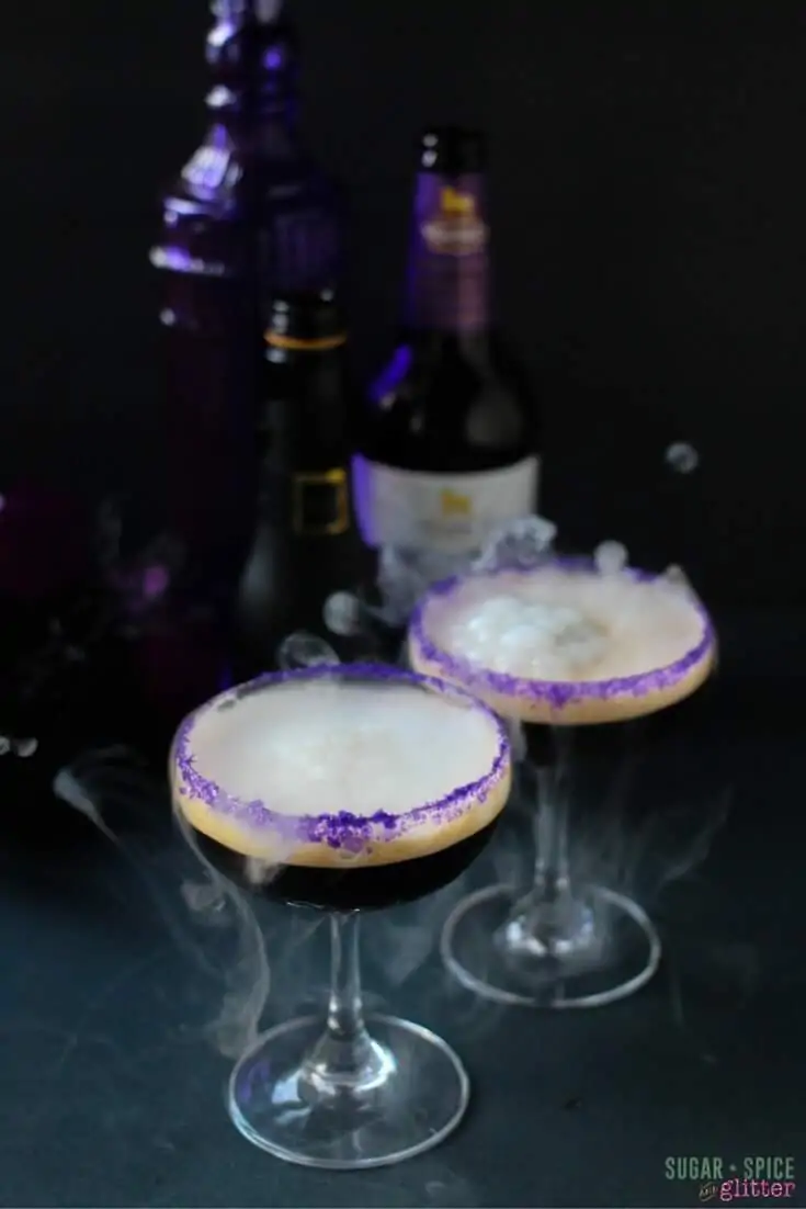 Delicious dark chocolate champagne cocktail made with chocolate stout. A spooky and gothic cocktail for Halloween
