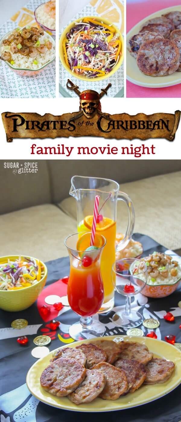 Pirates of the Caribbean family movie night with complete menu (Jamaican tossed salad, jerk shrimp, banana fritters, and Jamaican rum punch), fun craft for the kids to do while everything is cooking, and a free printable to plan your own family movie night. Disney movie nights are a fun way to count down to a Disney vacation or just establish a fun family tradition