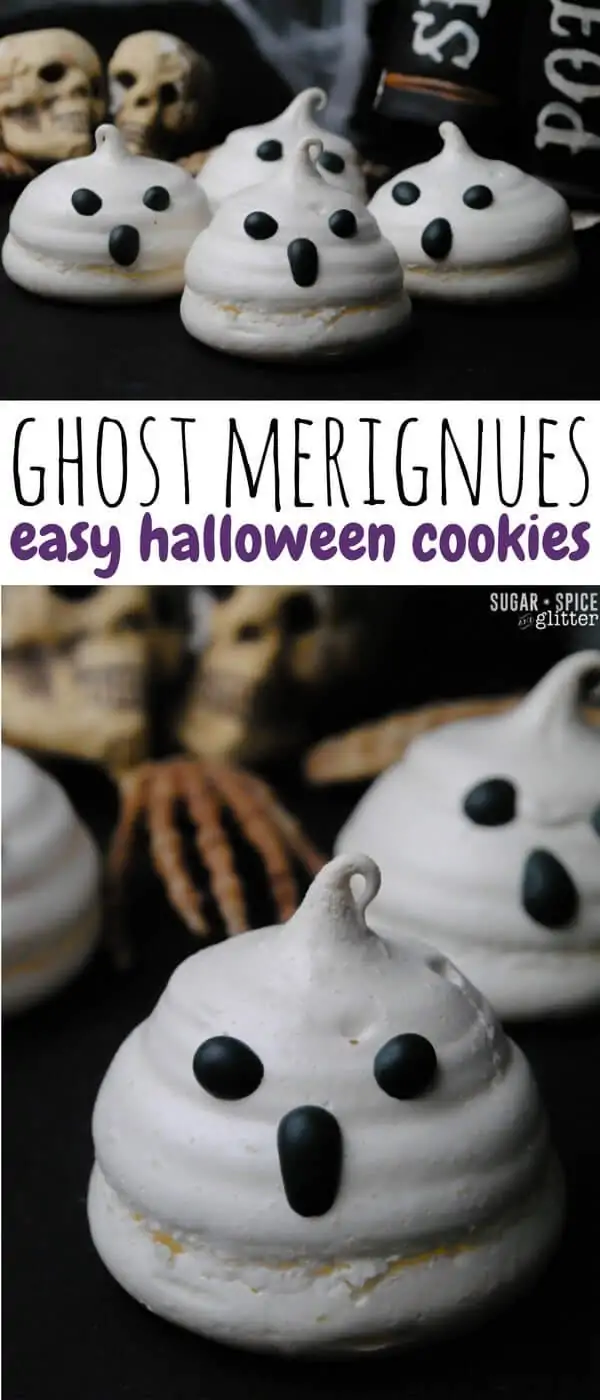 How cute are these Ghost Meringue cookies? Such a cute & easy halloween cookie idea and they taste great - disappearing on your tongue, just like a ghost