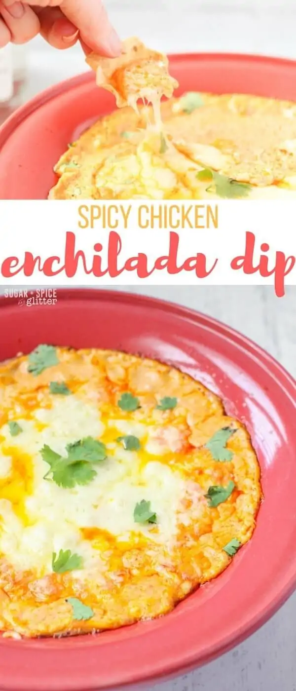 The best Mexican party dip you will ever taste - this cheesy, chicken enchilada dip can be adjusted for just the right amount of heat for your and your party guests. Hands down, my favorite cheesy dip with amazing flavor