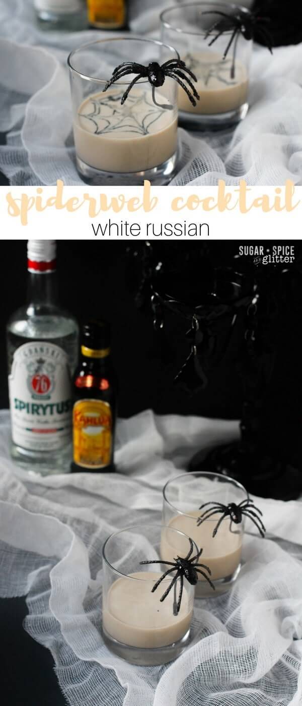 A traditional white russian cocktail gets a fun Halloween update with this easy spiderweb detail, the perfect classic cocktail for your Halloween party