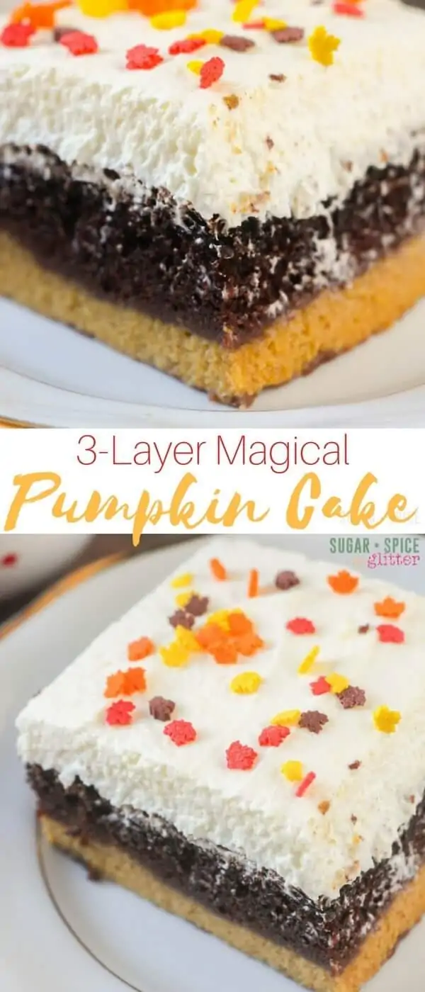 A decadent and delicious 3-Layer Magical Pumpkin Cake - seriously, the best dessert you could possibly serve this Fall. Even if you are not a Pumpkin fan, this cake will make a believer out of you. With rich, moist chocolate cake, tender pumpkin pie filling, and a fluffy vanilla mousse on top - this cake has it all